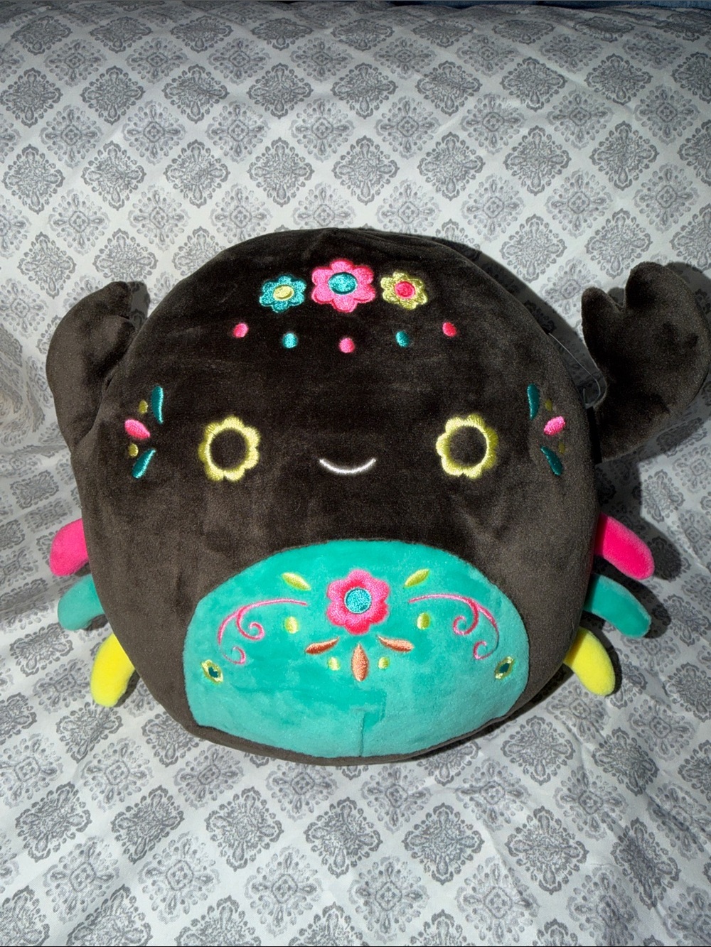 Plush Octopus Pillow with Bright Embroidered Flowers - Black & Teal